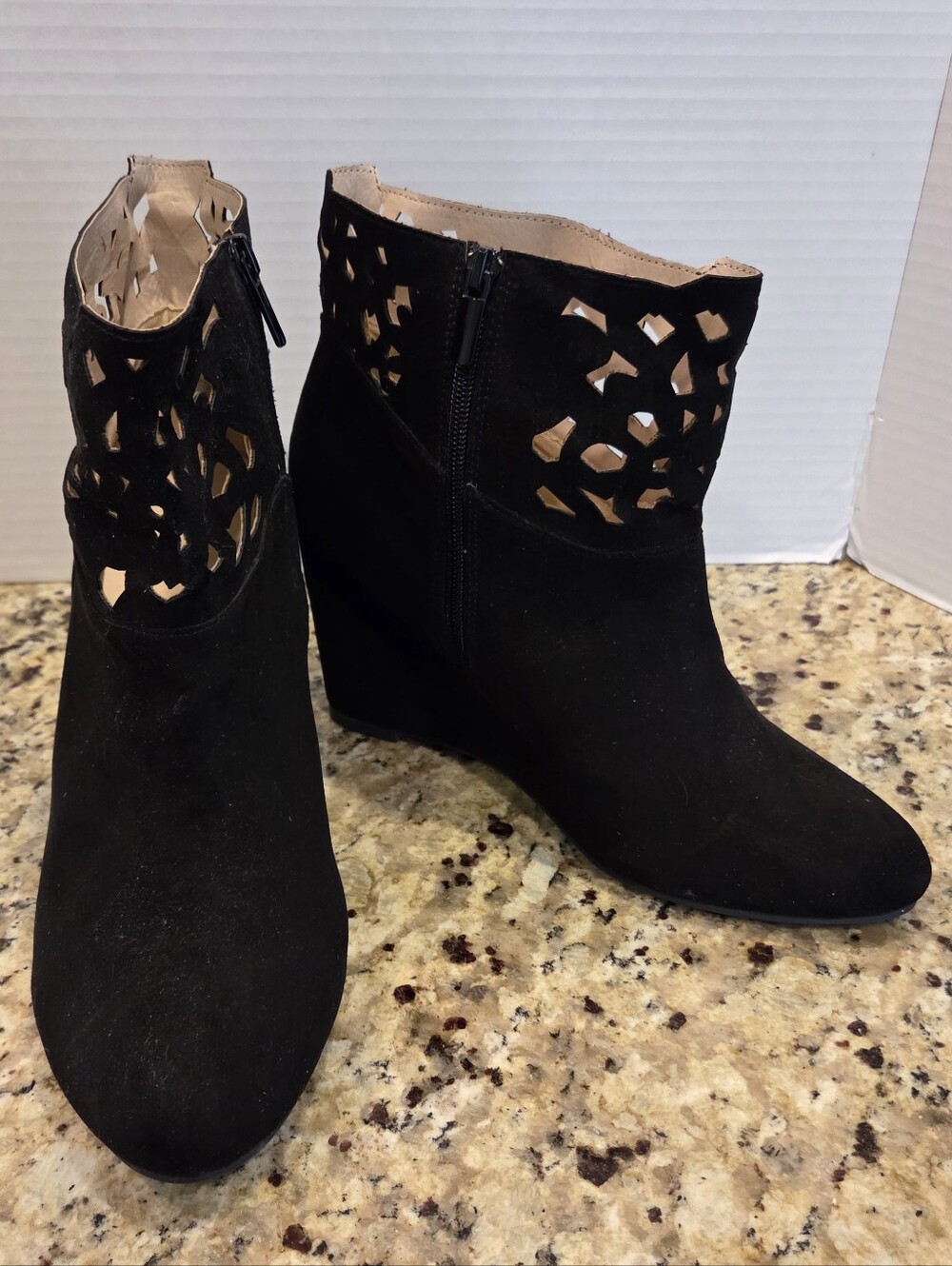 Torrid Black Faux Suede Laser Cut Wedge Heel Ankle Boots Size 11 Bootie Zipper